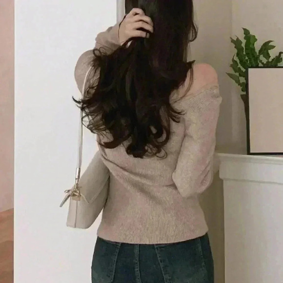 Mocha Brown Casual Womens Solid Asymmetrical Neck Button Through Ribbed Knit Ca… - Picture 2 of 5